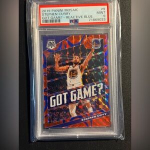 PSA 9 2019 Panini Mosaic: Got Game? Stephen Curry Reactive Blue Mosaic Prizm /99